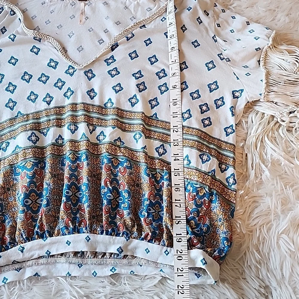 Free People Bohemian Fringe V-Neck Top - White and Blue